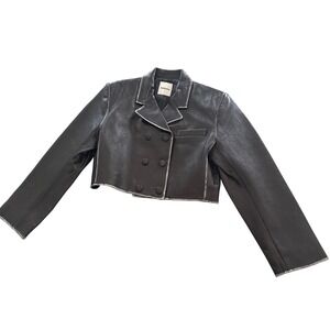 Sandro Noir Black distressed Cropped Double Breasted Leather Jacket Size 42 NEW